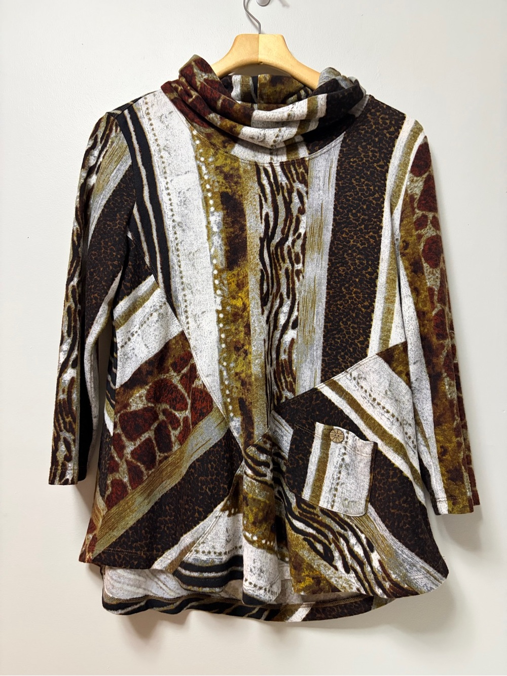 Multiples Cowl Neck Women’s Patchwork Animal Print Tunic Top Size M Artsy